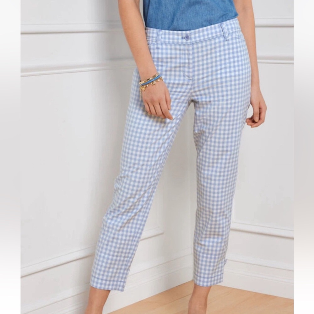 TALBOTS Perfect Crops Sunrise Gingham Pants Light Blue White Plaid Capris 8